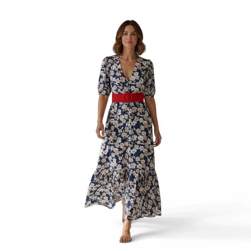 Sanctuary Floral Button Front Midi Dress Blue Puff Sleeve Boho Size 2(no belt)